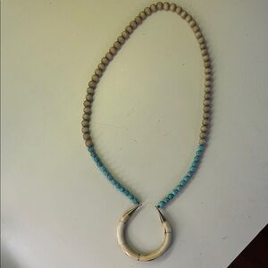 Turquoise and Natural Bead Horn Pendant Necklace